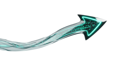 A low-angle shot of a solitary, futuristic polished chrome abstract arrow with glowing blue/green data streams, soaring dynamically against a seamless transparent background, concept of digital