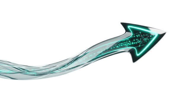 A low-angle shot of a solitary, futuristic polished chrome abstract arrow with glowing blue/green data streams, soaring dynamically against a seamless transparent background, concept of digital