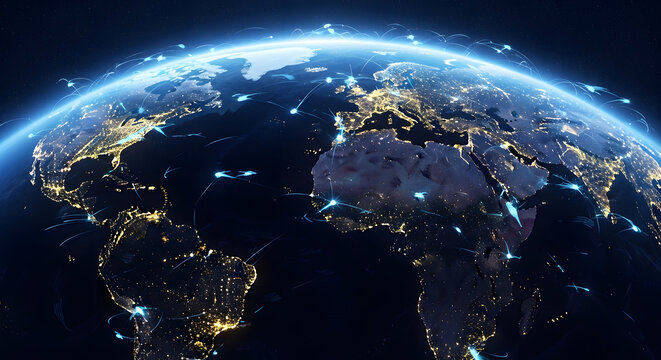 Global connectivity across the Earth at night featuring glowing network lines, Networked world at night, showing connections and data flowing over the globe