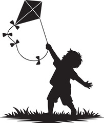 Silhouette Vector of Child Playing with Kite on White Background