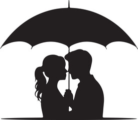 Silhouette Vector of Couple Kissing Under Umbrella on White Background
