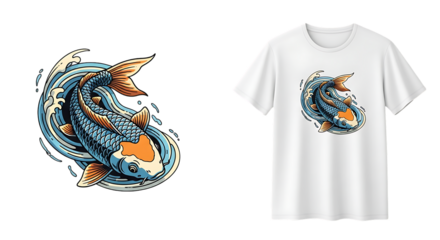 Koi fish illustration on a white t-shirt template with bold cartoon style