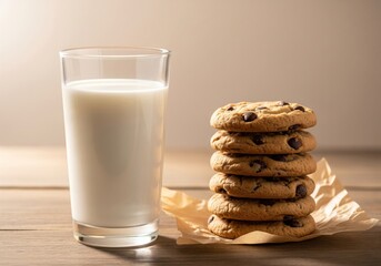 Glass of Fresh Milk with Chocolate Chip Cookies on Wooden Table &ndash; Minimalist Food Photography