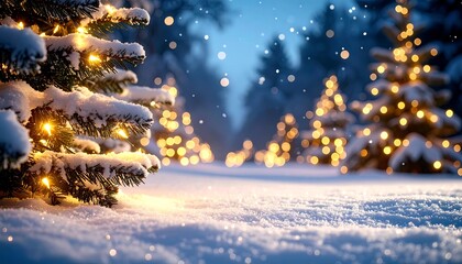 Snowy Christmas trees with night lights.