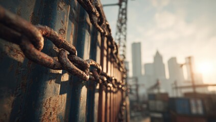 Naklejka premium Rusty chains securing shipping containers in a city
