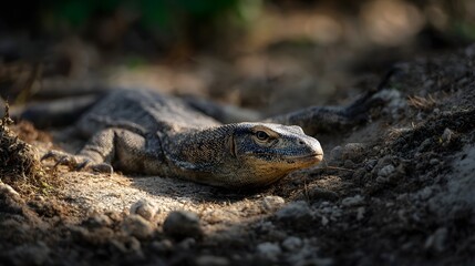 Naklejka premium Monitor lizard crawling across sunlit ground displaying reptilian threat