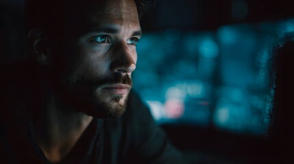 Cybersecurity analyst monitoring network intrusion on computer screen