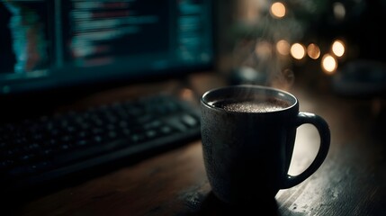 A developer s late night coding session with coffee and a computer screen