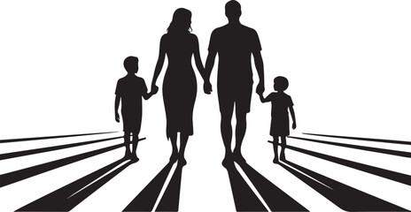 Silhouette Vector of Family Holding Hands Walking on White Background