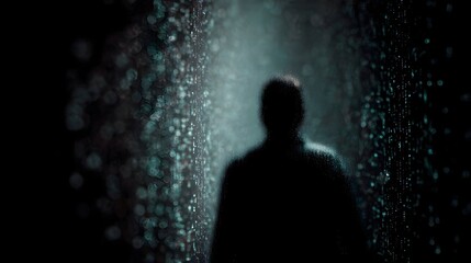 Silhouetted figure in a digital landscape of floating code