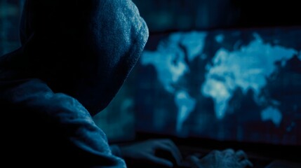 Hacker examining global cybercrime activity on computer monitor