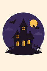  Illustration of a haunted house with bats and full moon on Halloween night.