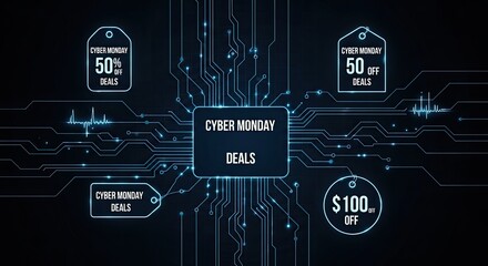 Digital technology concept with glowing circuit board and sale tags showing discounts and pricing