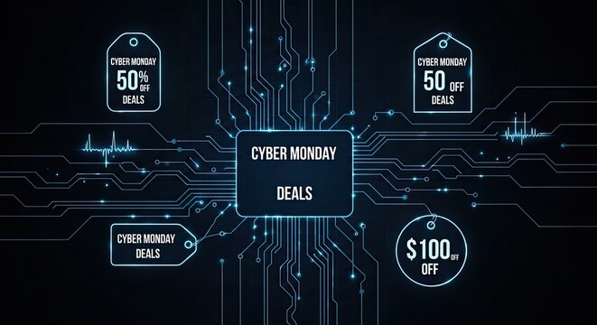 Digital technology concept with glowing circuit board and sale tags showing discounts and pricing