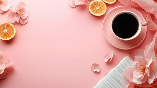Soft pink backdrop with warm coffee cup, vibrant orange slices, delicate pink flowers, lined notebook and airy textile accents for morning rituals, self-care, creative workspaces, blog headers