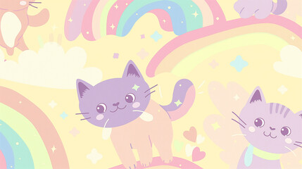 Fototapeta premium Smiling Cartoon Cats with Rainbows and Stars Cute Themed Illustration