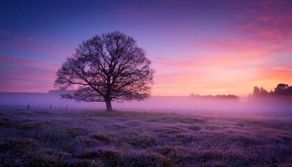 solitary tree in a misty field at sunrise with pink and purple sky