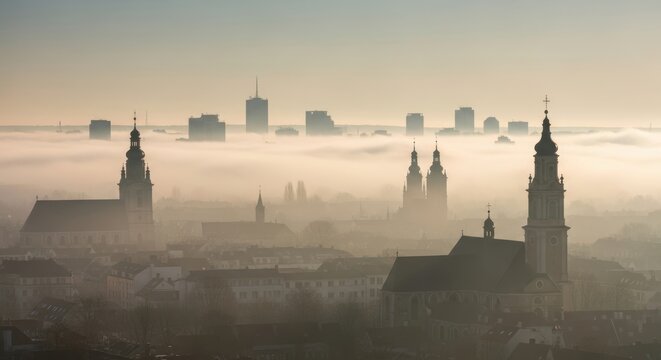Misty skyline of european city with historic churches and modern buildings