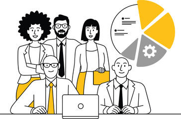 Business team collaboration with laptop and pie chart, teamwork illustration, office group discussion, workplace diversity, professional meeting, corporate success.