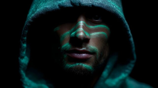 Hooded figure with glowing digital identity