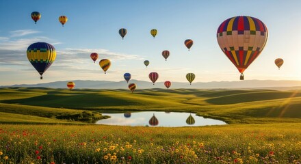 Obraz premium Colorful hot air balloons floating over a picturesque landscape with a serene lake.