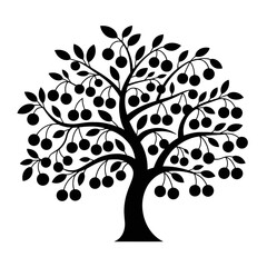 Silhouette of a lush cherry tree laden with ripe fruit in a whimsical design white background