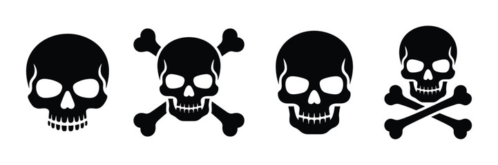 Four black skulls and crossbones icons isolated on white background