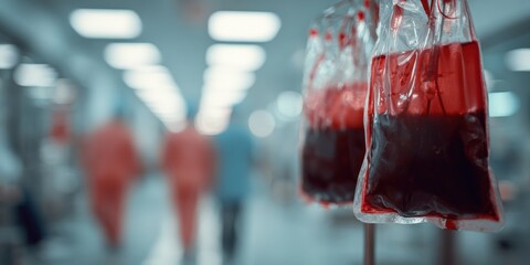Blood bags hanging in a hospital corridor