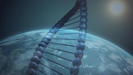 Light source emerging behind DNA helix lighting spheres as camera orbiting globe revealing terrain - Powered by Adobe
