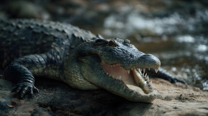 Crocodile resting at riverbank with open jaw danger in stillness