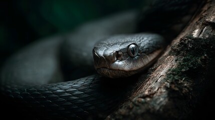 Fototapeta premium Venomous snake coiled on tree branch staring intensely