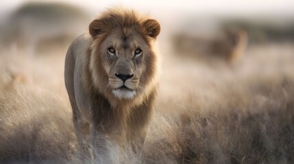 Obraz premium Majestic lion prowling through the golden savannah