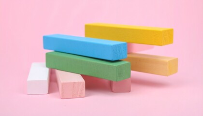 Pink background with wooden cube blocks stacked along the edges. Playful and minimal composition, perfect for children&rsquo;s design, toys, and educational content