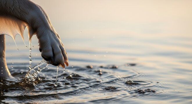 Close-up of swan's webbed foot touching water surface at sunset