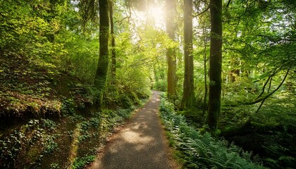 Obraz premium sun dappled path through lush green forest