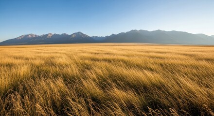 Golden Field of Tall Grass with Mountain Range Under Clear Blue Sky