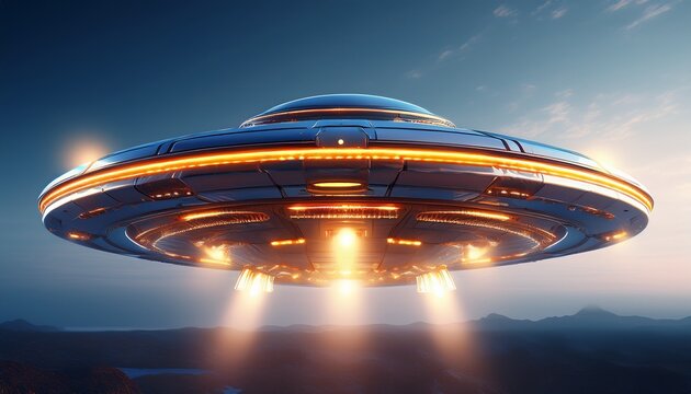 ufo uap aav flying saucer with floating lights front view isolated on clear sky photorealistic ai generated
