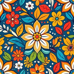 Fototapeta premium Vibrant Retro Floral Tapestry with Bold Orange Yellow and Teal Blooms.