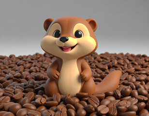 A cute, cartoonish otter character sitting happily amidst a large pile of roasted coffee beans.