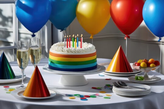 Celebrating joy with a vibrant rainbow cake and colorful decorations at a cheerful birthday gathering - Powered by Adobe