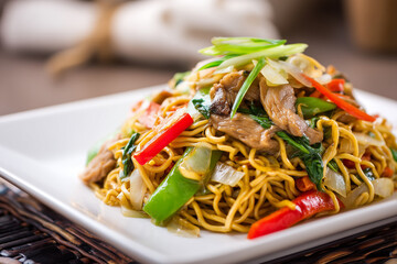 Chinese chow mein noodles restaurant plating minimal clean elegant