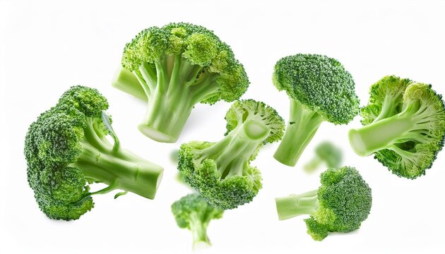 fresh green broccoli florets falling on white background