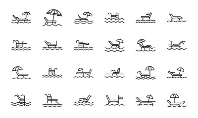 Travel and Tourism Outline Icons Set – Hotel, Tent, Airplane, Globe, Calendar, Food and Drink, Guitar, Dance, Fireworks, Palm Trees, Temple, Spa, Beach Chair, Currency Exchange, Souvenir, Restaurant, 