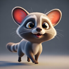 Adorable cartoon raccoon with big eyes and striped tail walking forward.