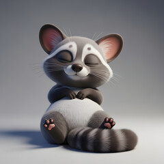 Adorable cartoon baby raccoon with closed eyes, sitting peacefully, featuring soft grey and white fur and a striped tail.