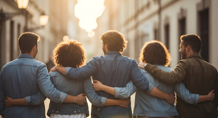 Friends Walking Down City Street with Arms Around Each Other