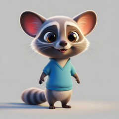 A charming cartoon raccoon character with a blue shirt, smiling and standing.