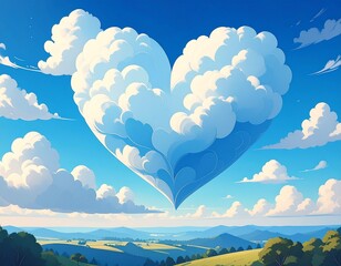 Illustration of fluffy clouds shaped like a heart in a bright blue sky. A dreamy and romantic scene perfect for love, nature, and positive emotions themes. beautiful sky landscape design