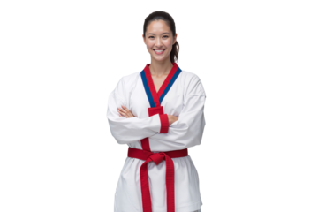 Smiling female taekwondo athlete with arms crossed, exuding confidence and strength in her uniform
