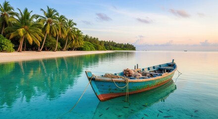 A traditional wooden boat floats peacefully in crystal-clear turquoise water beside a pristine white sand beach lined with lush palm trees under a serene sky.